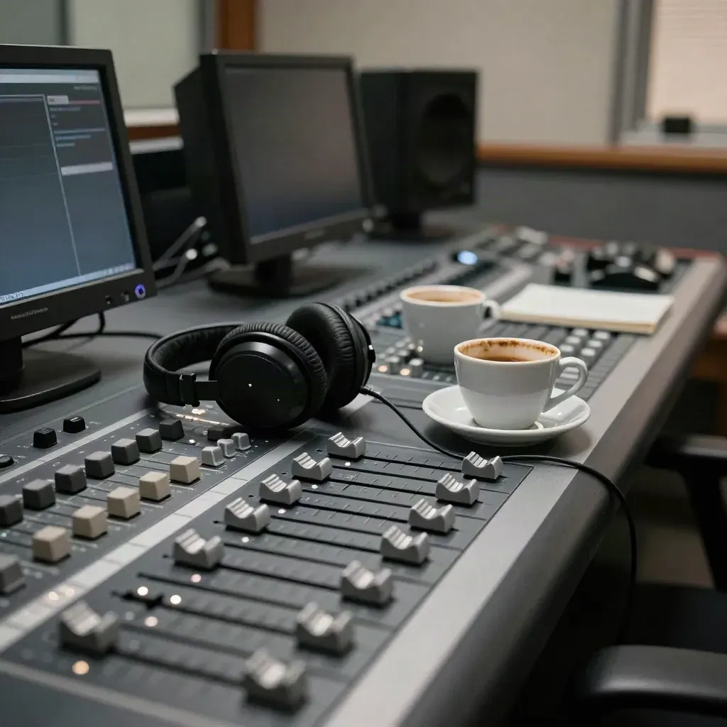 Late-night radio edit bay with dark monitors, coffee cups, and headphones on a console.