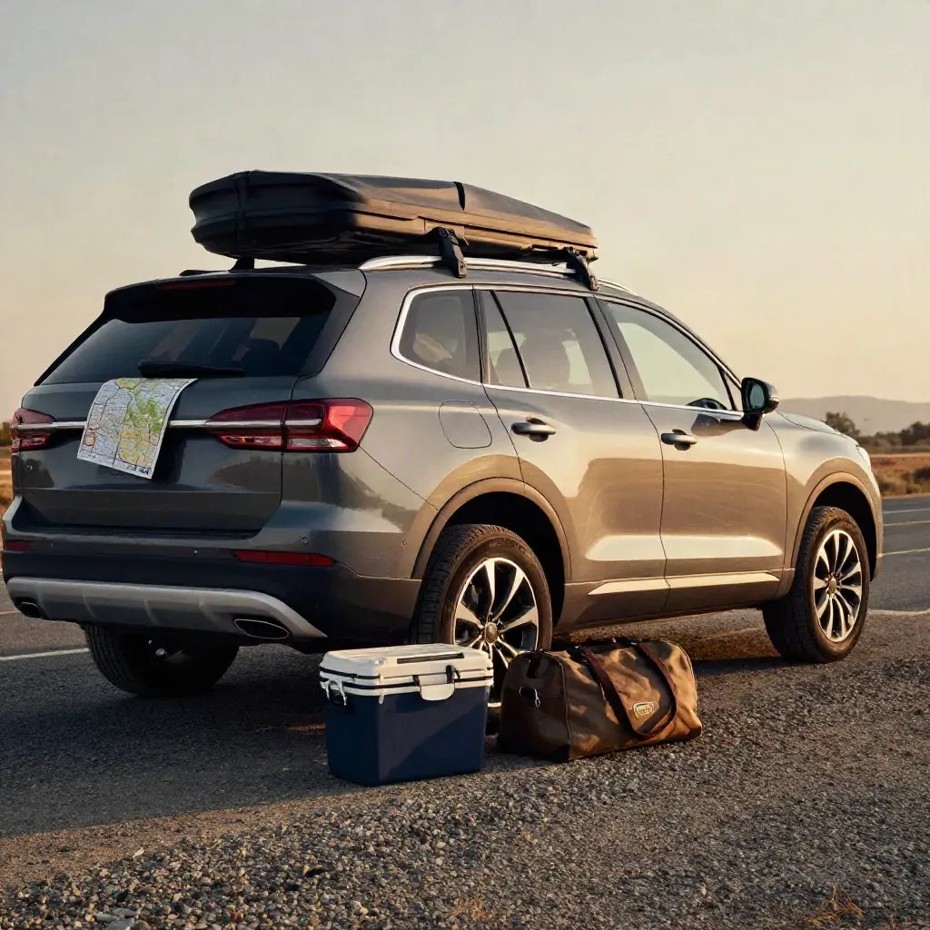 Slate-gray SUV at dusk with roof luggage and cooler, heat haze over the roadside.