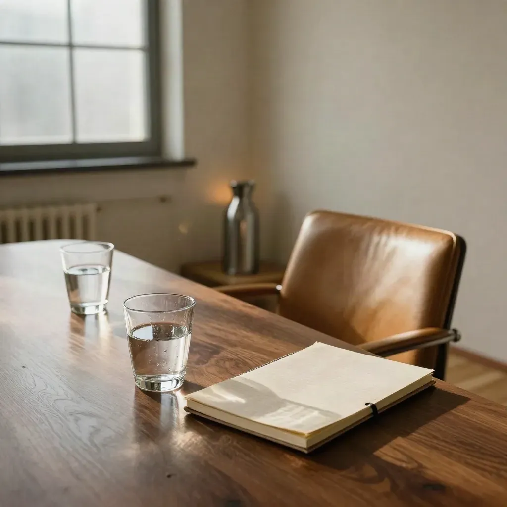 Interview table with water glasses, closed notebook, and a pulled-back leather chair in warm light.