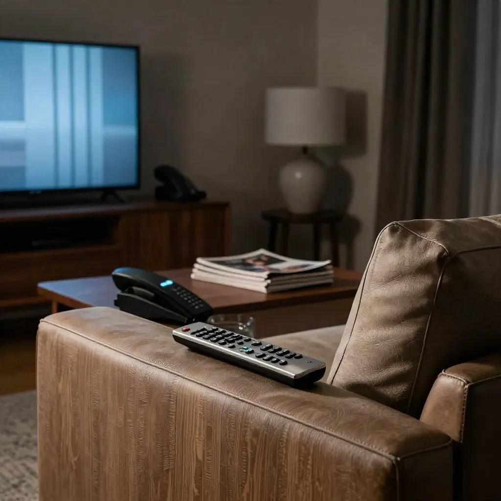 Night living room with blue TV glow, face-down phone, remote on sofa arm, and warm dark furnishings