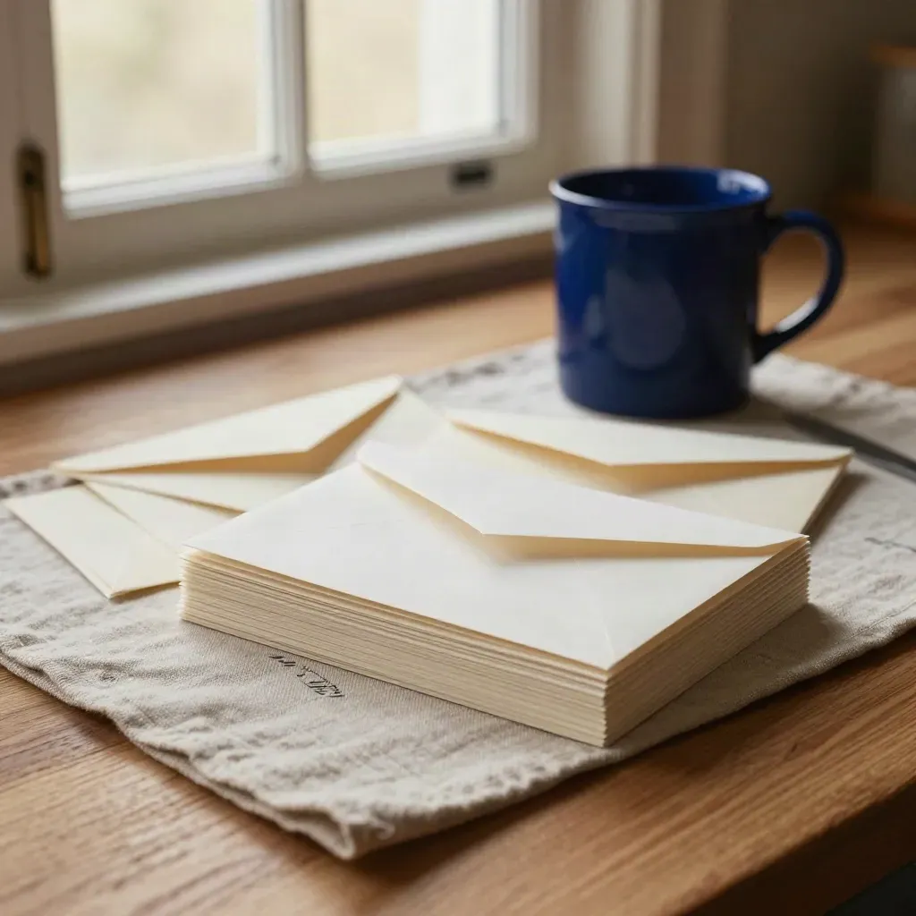 Folded reply cards, sealed envelopes, and a blue mug on an oak kitchen table by a bright window.